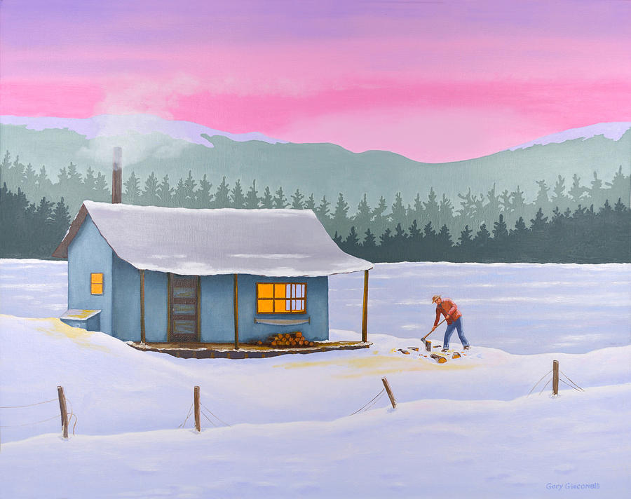 Cabin on a frozen lake Painting by Gary Giacomelli