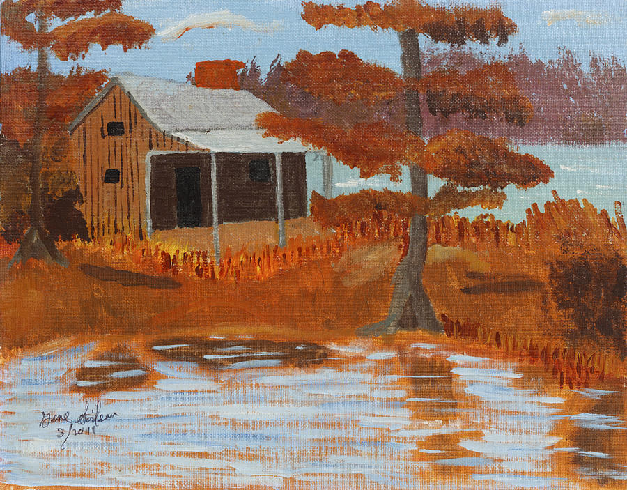 Fall Painting - Cabin On Lake by Swabby Soileau