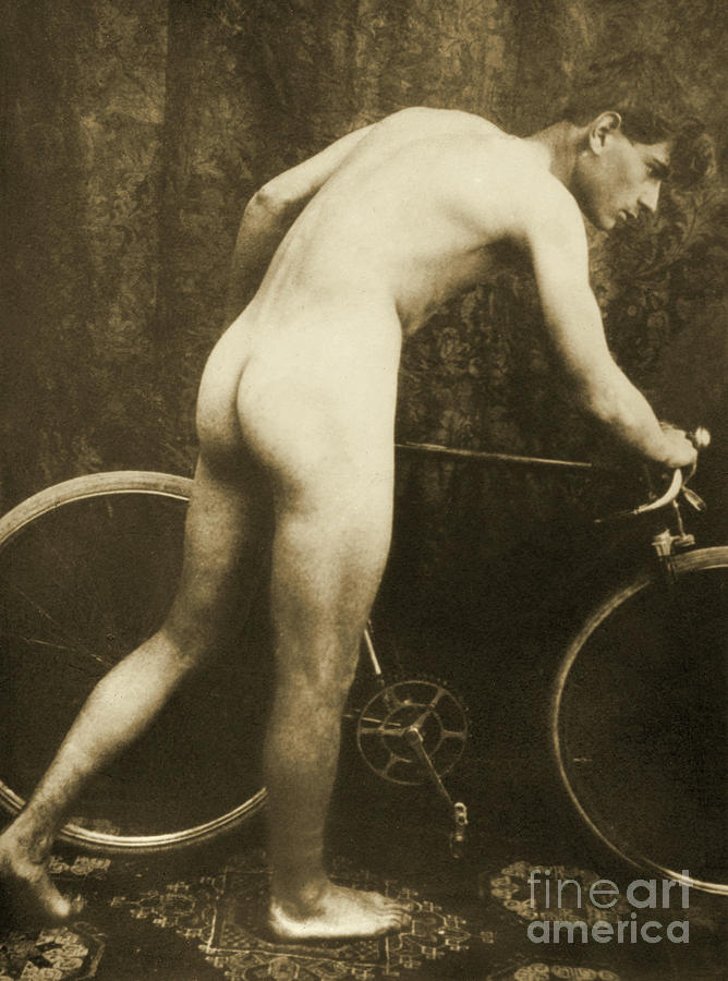 Cabinet Card of a naked cyclist, circa 1898 Photograph by German School