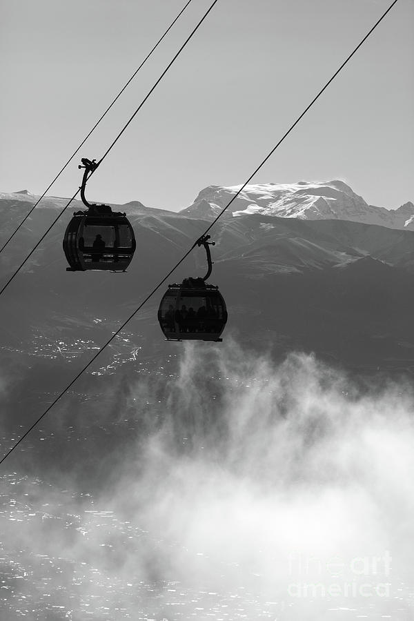Cable Car Cabins and Mt Mururata in Black and White Bolivia Photograph by James Brunker