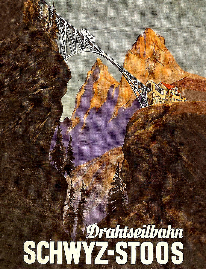 Mountain Painting - Cable car on bridge, Schwyz-Stoos by Long Shot