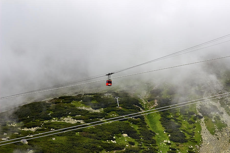 Nature Photograph - Cableway in fog green  european mountains,  beautiful autumn landscape by Denys Siryk