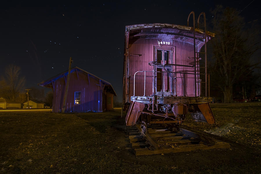 Train Photograph - Caboose and depot in rural Illinois one starry night by Sven Brogren