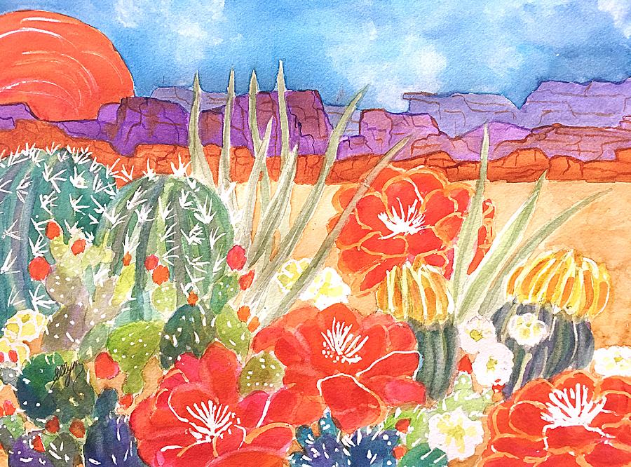 Cacti and Mesas at Sunset Painting by Ellen Levinson