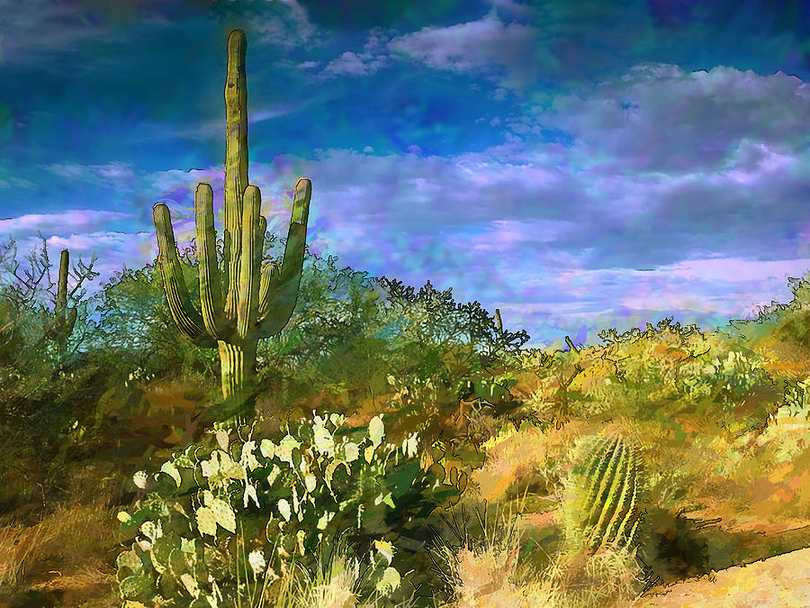 Desert Painting - Cactus Desert and Purple Sky by Elaine Plesser