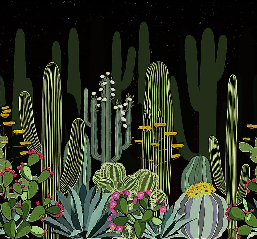 Cactus Garden at Night Painting by Elaine Plesser - Pixels