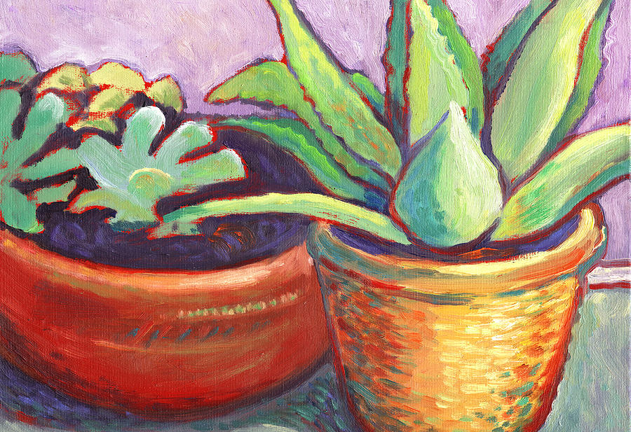 Cactus in Planters Painting by Linda Ruiz-Lozito