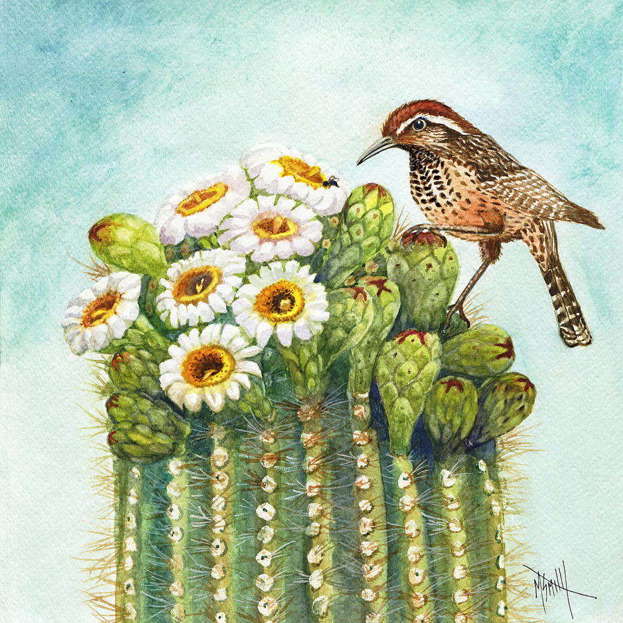 Cactus Wren and Saguaro Painting by Marilyn Smith