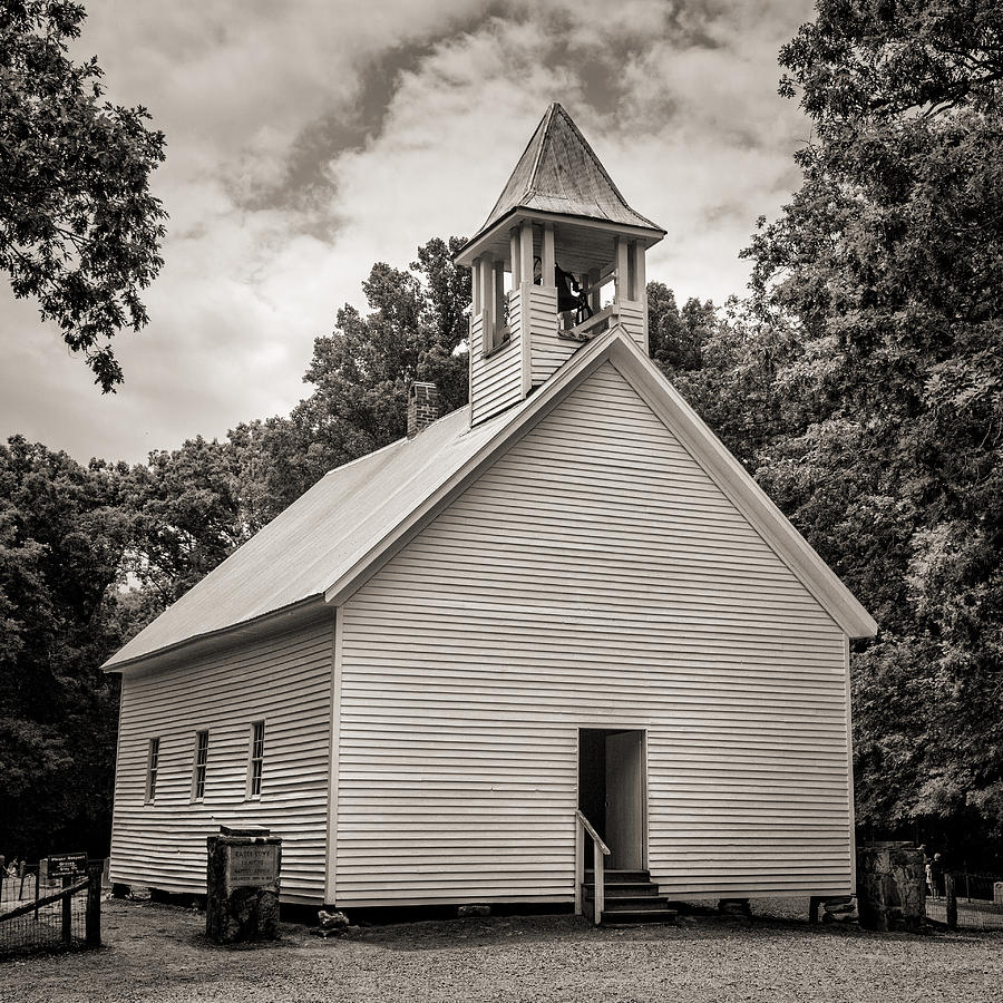 Cades Cove Primitive Baptist Church - Toned BW Photograph by Stephen Stookey