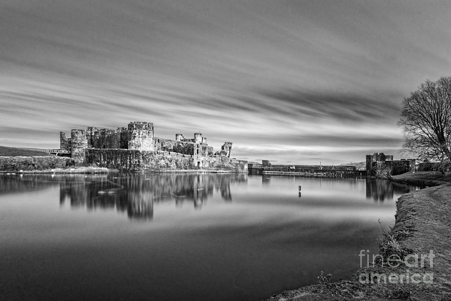 Castle Photograph - Caerphilly Castle Long Exposure 2 Mono by Steve Purnell