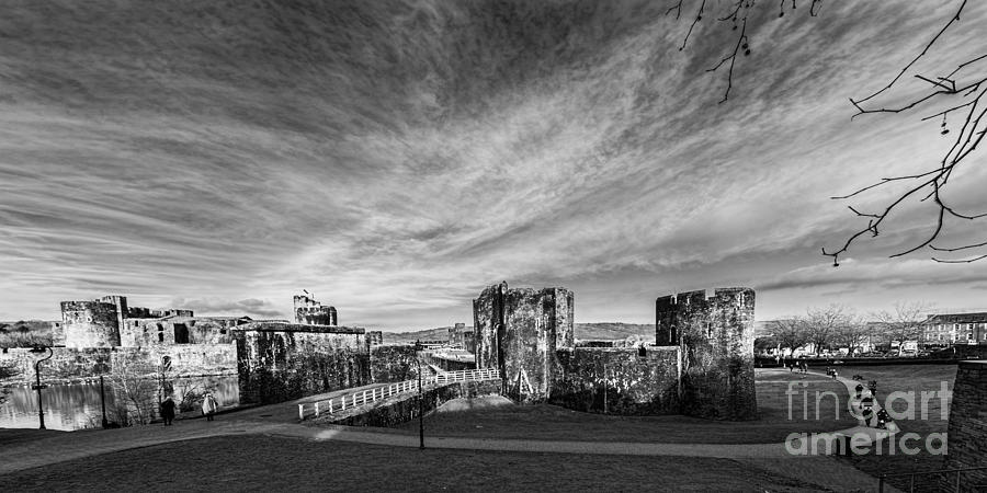Caerphilly Castle Panorama Mono Photograph by Steve Purnell
