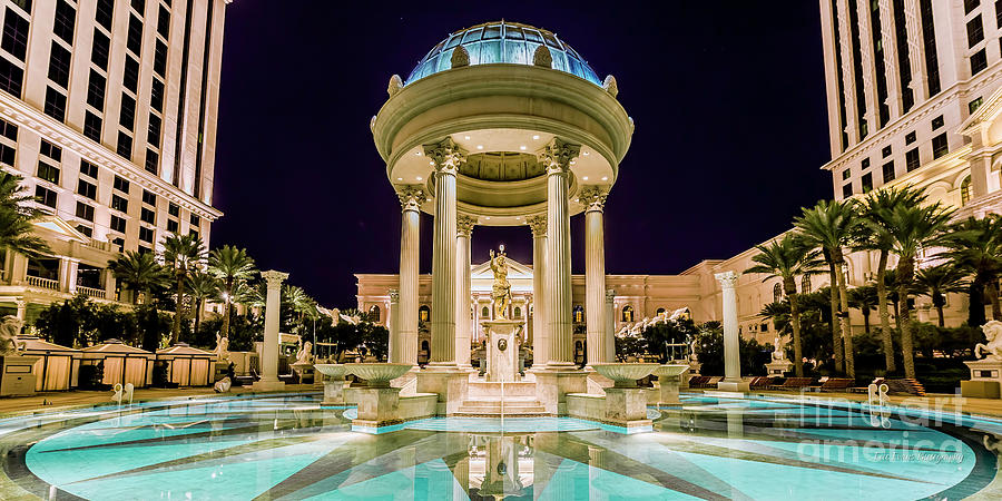 Las Vegas Photograph - Caesars Palace Temple Pool at Night 2 to 1 Ratio by Aloha Art