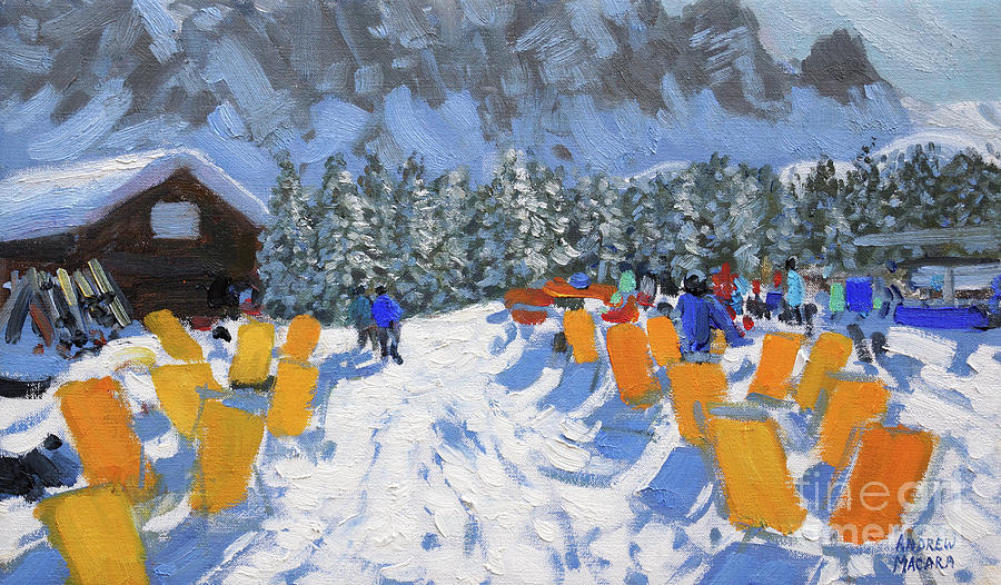 Winter Painting - Cafe and deckchairs, Selva Gardena, Italy  by Andrew Macara