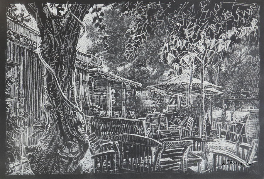 Cafe at Harbour Argen Minervois, France Drawing by Jon Falkenmire