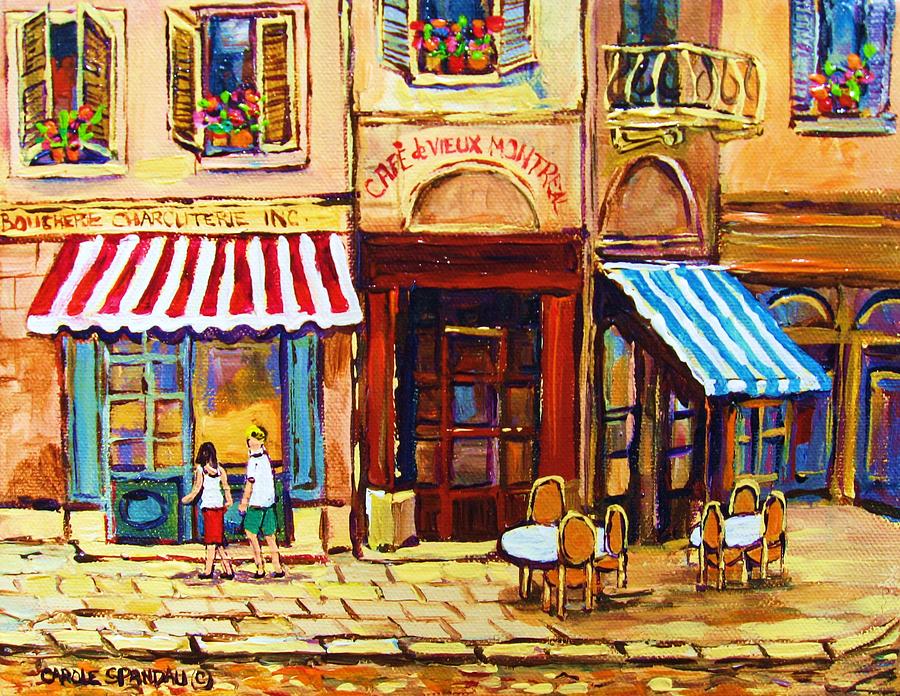 Cafe De Vieux Montreal With Couple Painting by Carole Spandau