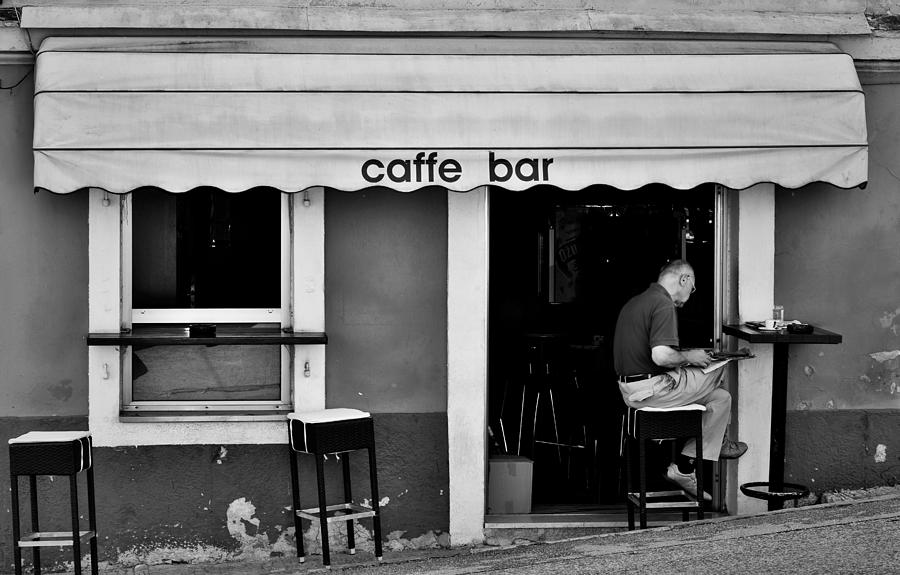 Cafe in Croatia, Black and White Photograph by Mark Mitchell