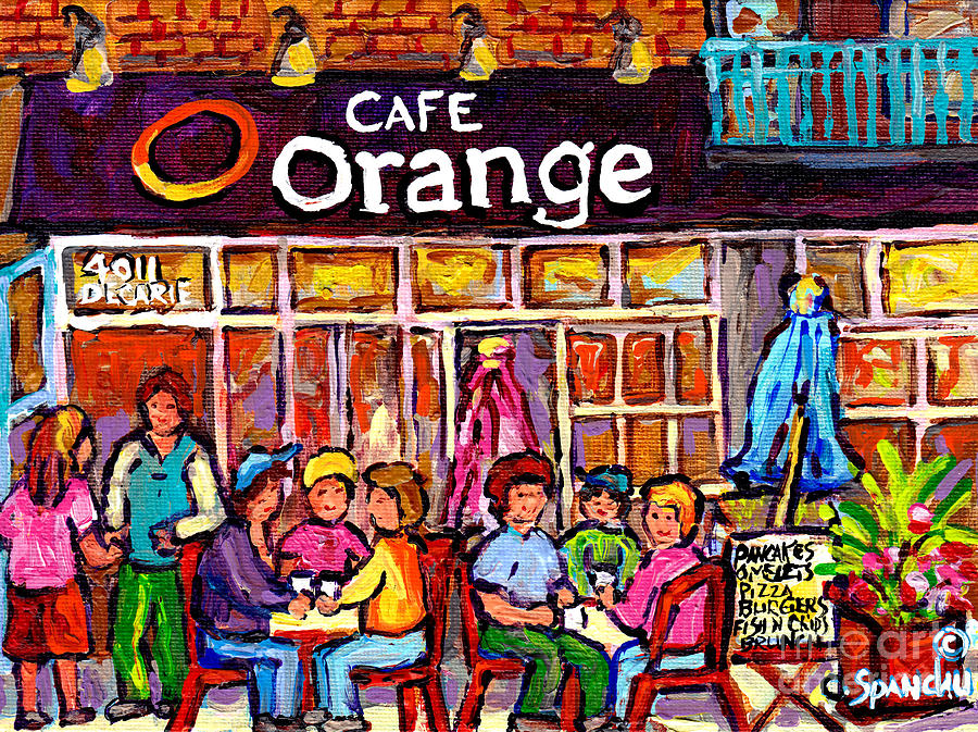 Cafe Orange Decarie Ndg West End Street Scene Montreal Winter Hockey Art Canadian Painting C Spandau Painting by Carole Spandau