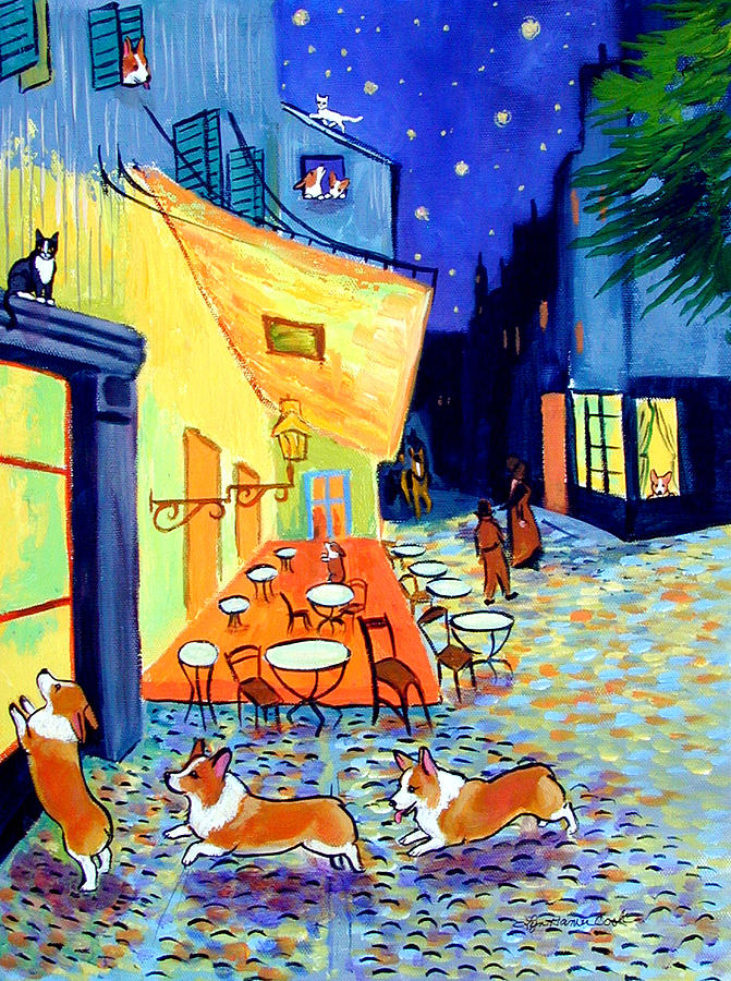 Vincent Van Gogh Painting - Cafe Terrace at Night - after Van Gogh with Corgis by Lyn Cook