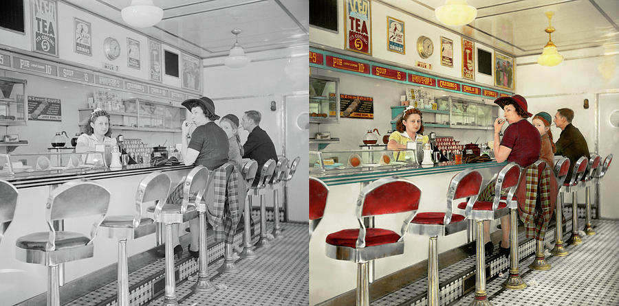 Cafe - The local hangout 1941 - Side by Side Photograph by Mike Savad