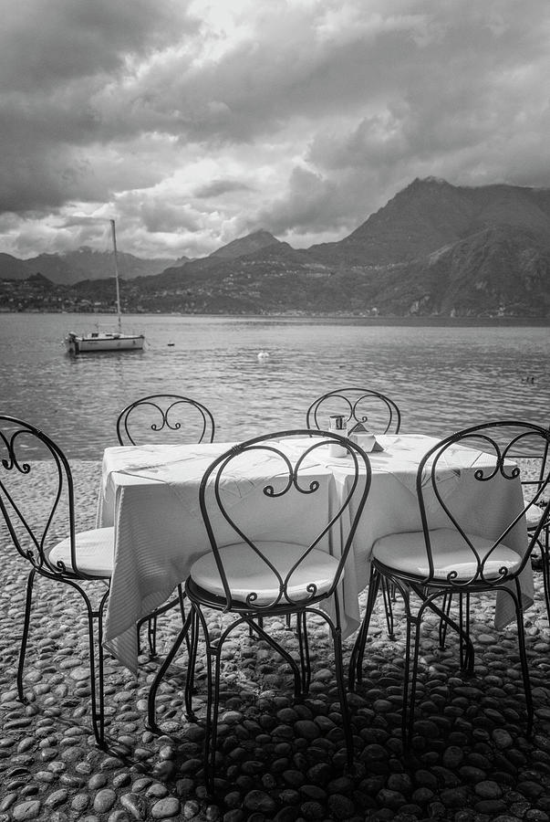 Cafe View of Lake Como Italy BW Photograph by Joan Carroll