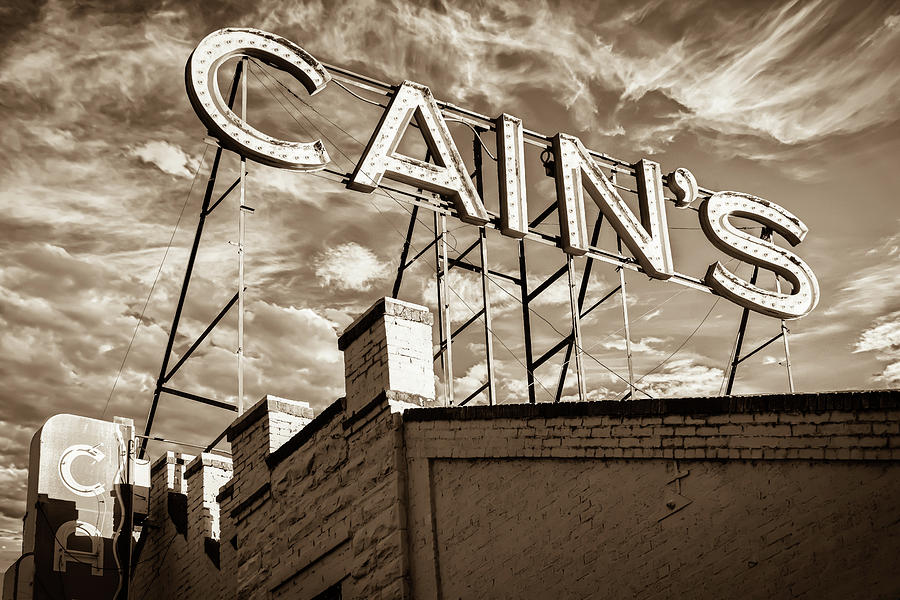 Tulsa Photograph - Cains Ballroom Music Hall - Downtown Tulsa Cityscape - Sepia by Gregory Ballos