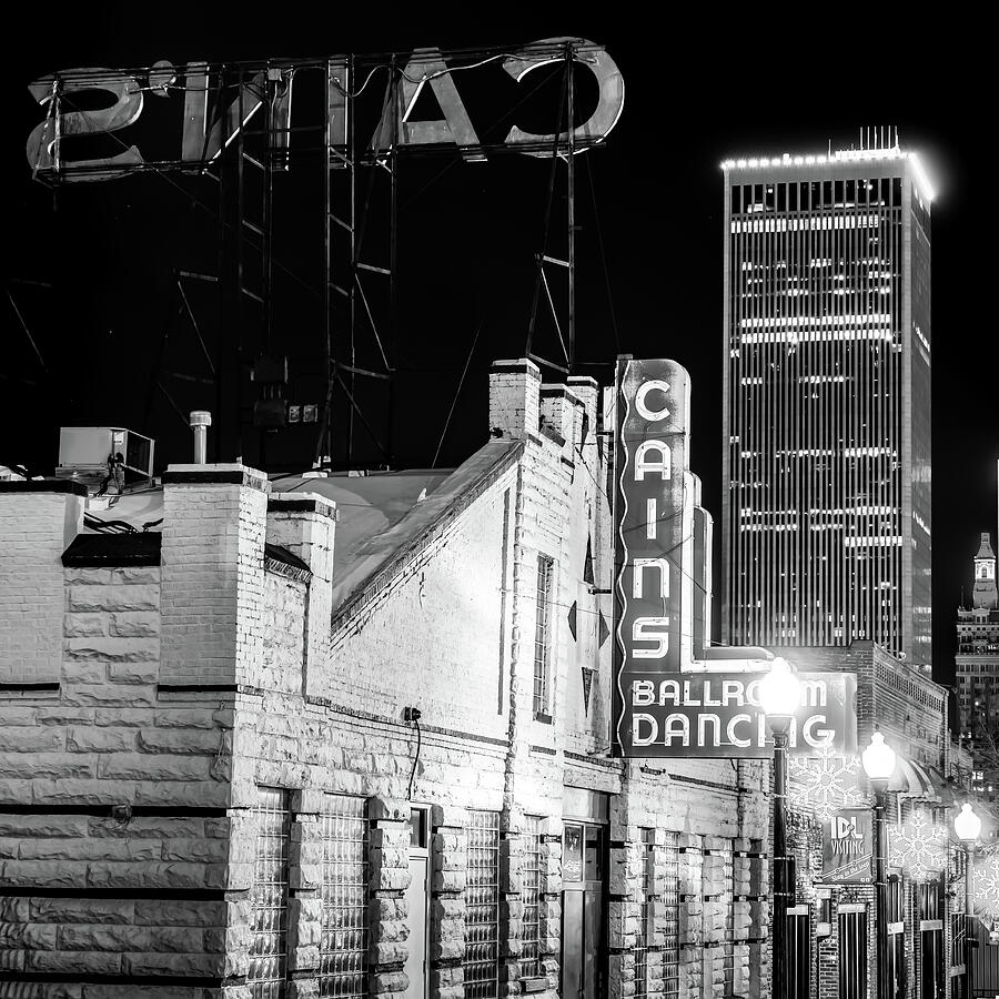 Cains Ballroom - Tulsa Skyline Square Format in Black and White Photograph by Gregory Ballos