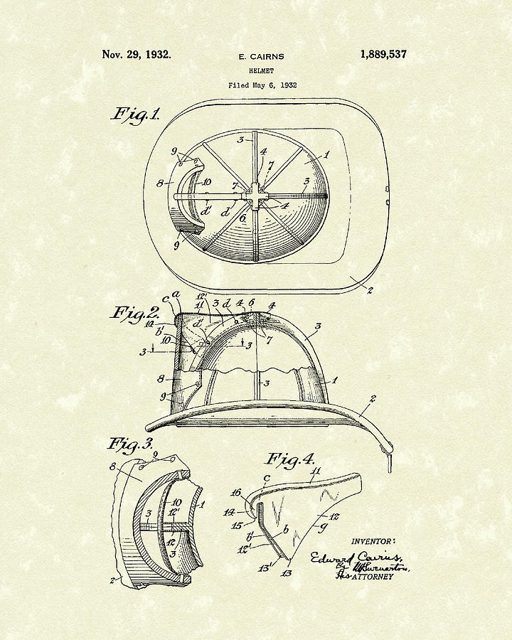 Cairns Drawing - Cairns Helmet 1932 Patent Art by Prior Art Design