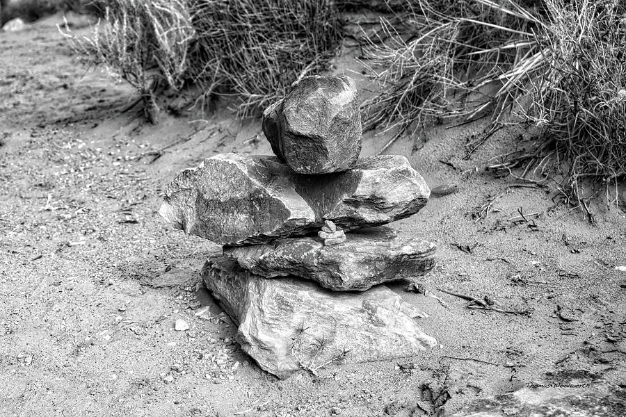 Cairns Rock Trail Marker Arches National Park Utah 02 BW Photograph by Thomas Woolworth