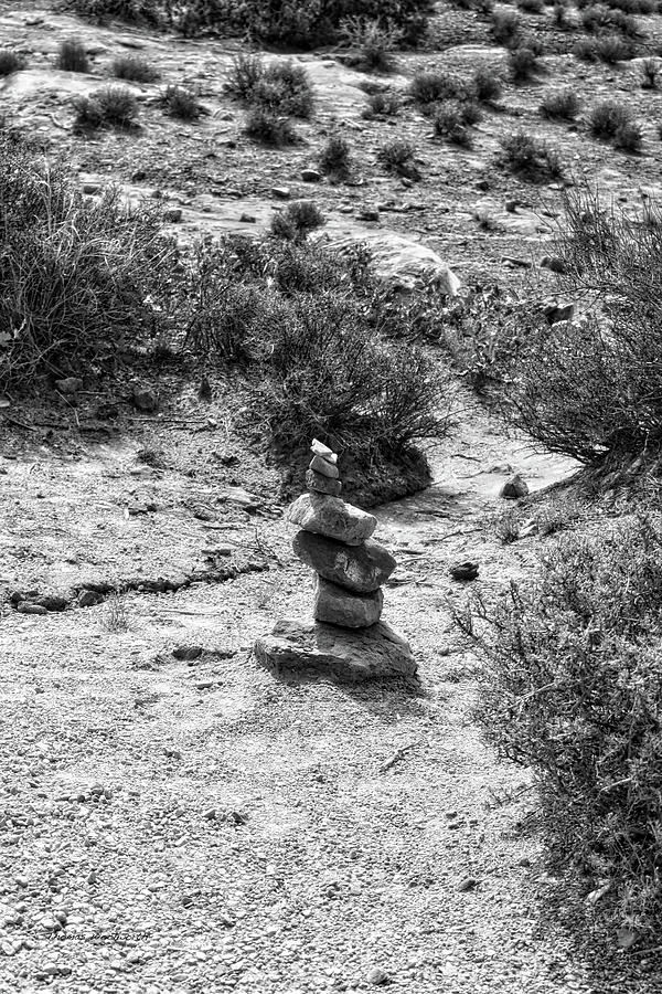 Cairns Rock Trail Marker Arches National Park Utah BW Vertical Photograph by Thomas Woolworth