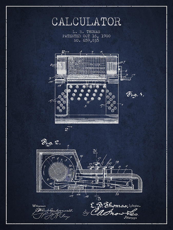 Vintage Digital Art - Calculator Patent from 1900 - Navy Blue by Aged Pixel