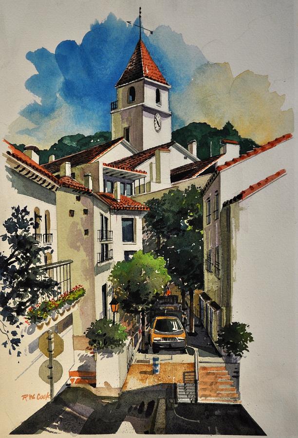 Calella Town Tower Painting by Robert W Cook 