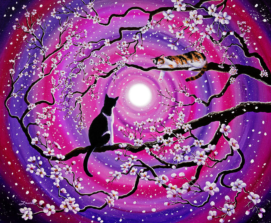 Calico and Tuxedo Cats in Swirling Sakura Painting by Laura Iverson