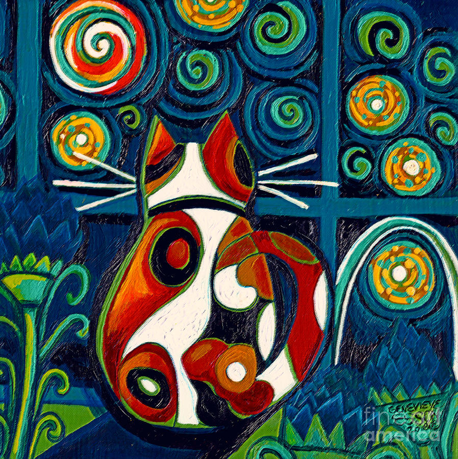 Flower Painting - Calico Cat At Window On A Starry Night by Genevieve Esson