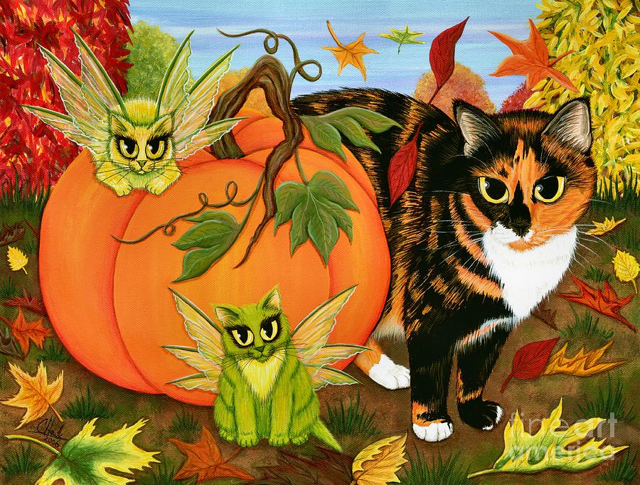 Fairy Painting - Calicos Mystical Pumpkin - Fairy Cats by Carrie Hawks