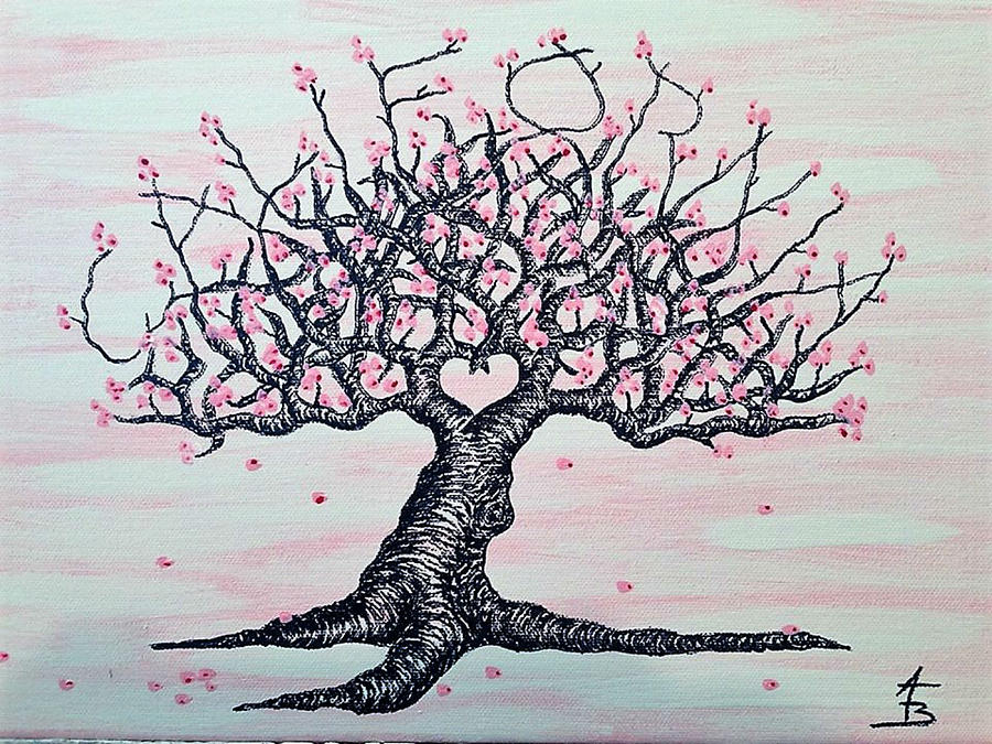 California Cherry Blossom Love Tree Drawing by Aaron Bombalicki