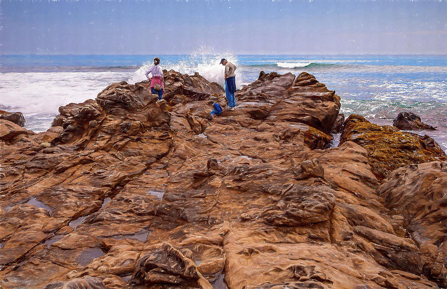 California Coast -  People Rocks and Ocean AP Painting by Dan Carmichael
