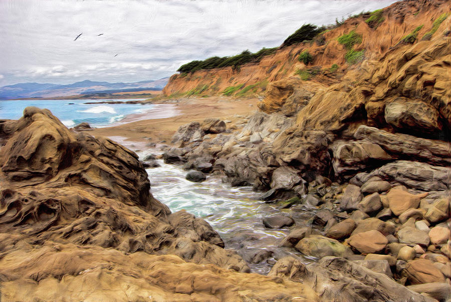 California Coast Rocks Cliffs and Beach AP Painting by Dan Carmichael