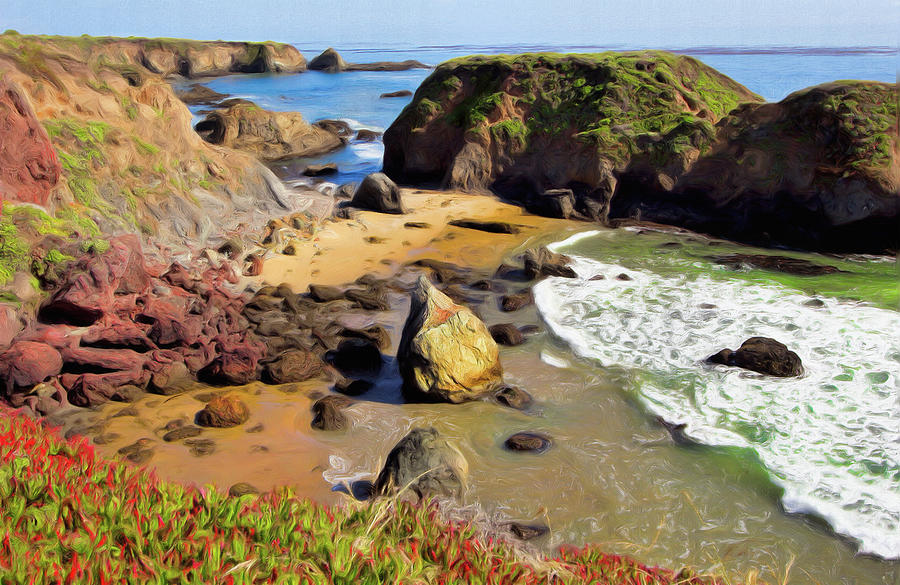 California Coast Rocks Cliffs Iceplant AP Painting by Dan Carmichael