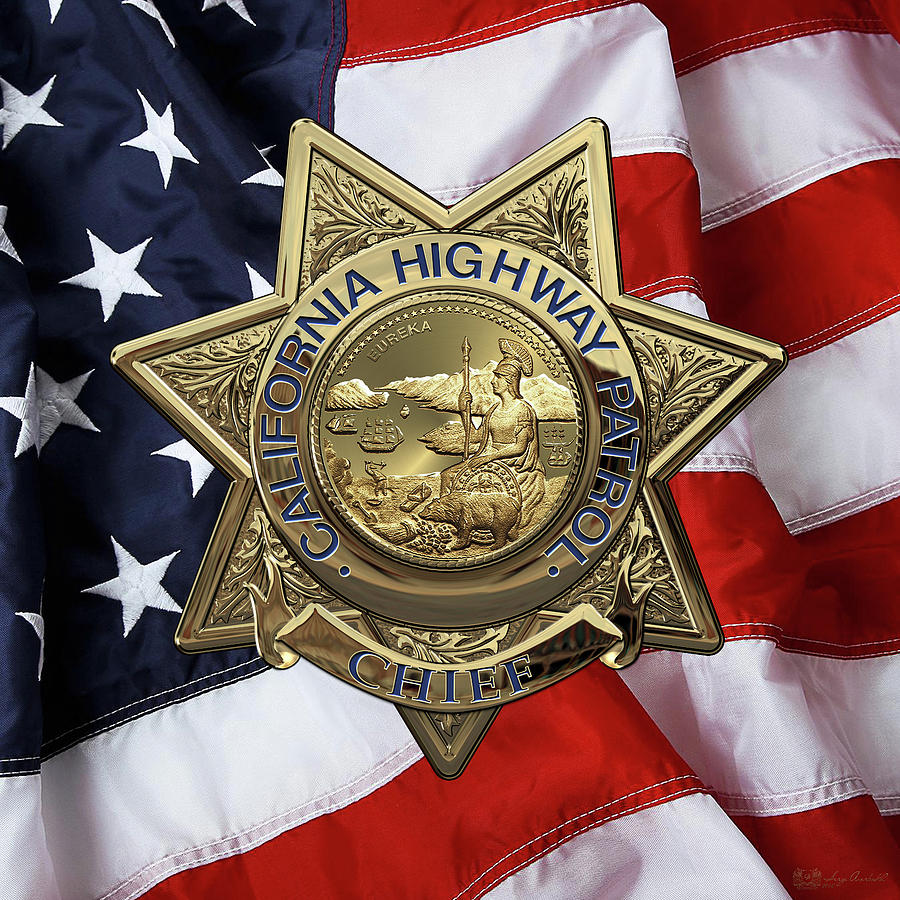 California Highway Patrol  -  C H P  Chief Badge over American Flag Digital Art by Serge Averbukh