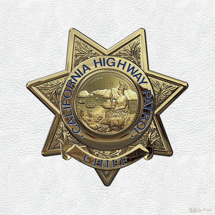 California Highway Patrol  -  C H P  Chief Badge over White Leather Digital Art by Serge Averbukh