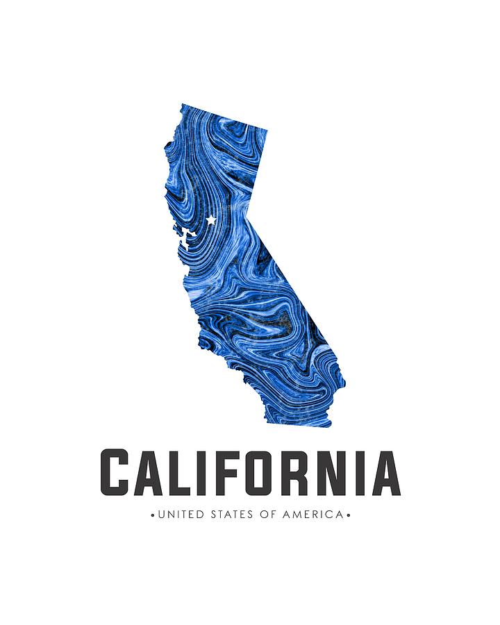 California Map Art Abstract in Blue Mixed Media by Studio Grafiikka