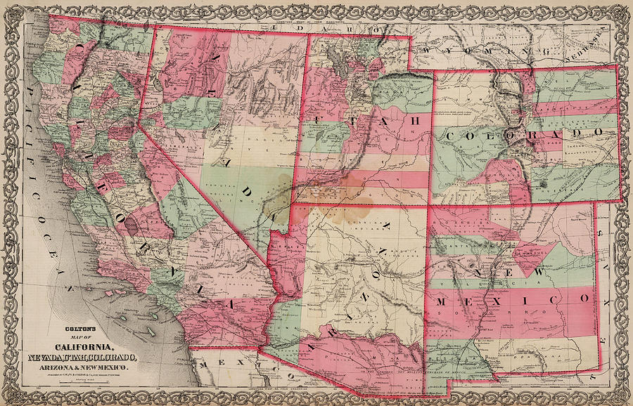 Map Painting - California, Nevada, Utah, Colorado, Arizona and New Mexico by Colton