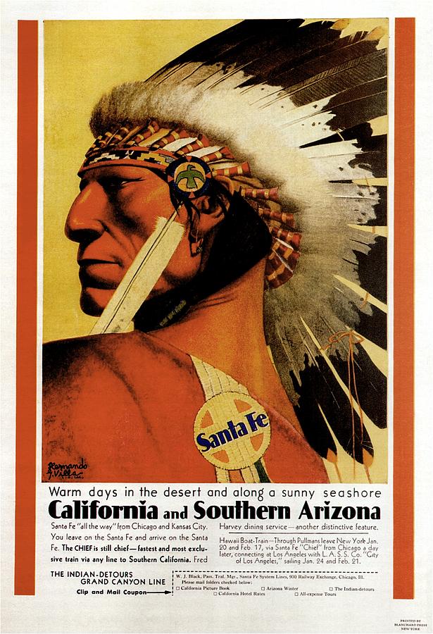 Santa Fe Mixed Media - California - Southern Arizona - Red Indian - Native American - Santa Fe - Vintage Advertising Poster by Studio Grafiikka