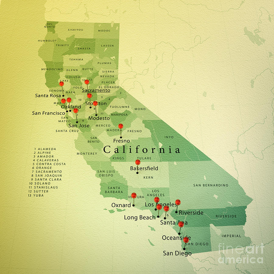 California State Map Square Cities Straight Pin Vintage Digital Art by Frank Ramspott