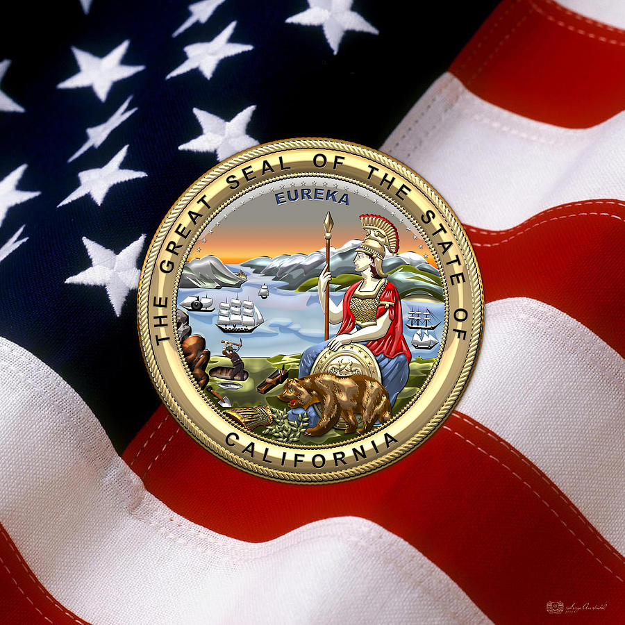 California State Seal over U.S. Flag Digital Art by Serge Averbukh