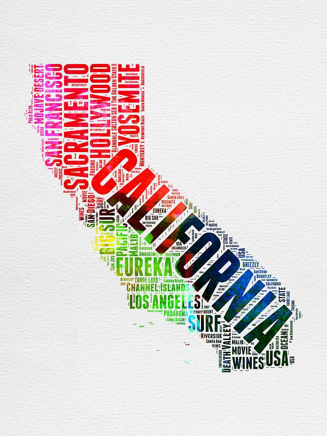 California Map Digital Art - California Watercolor Word Map by Naxart Studio