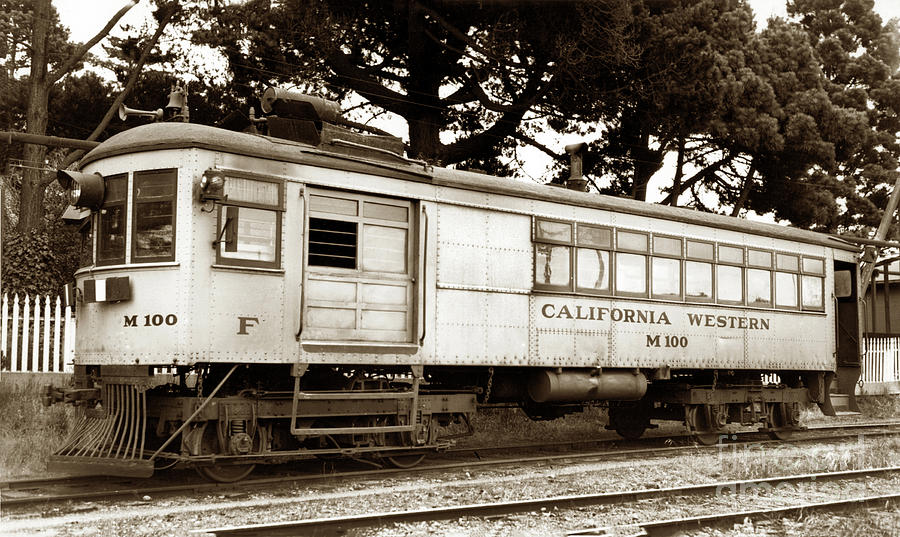 Train Photograph - California Western  M 100 gas railcar  Skunk Train  Circa 1930 by Monterey County Historical Society