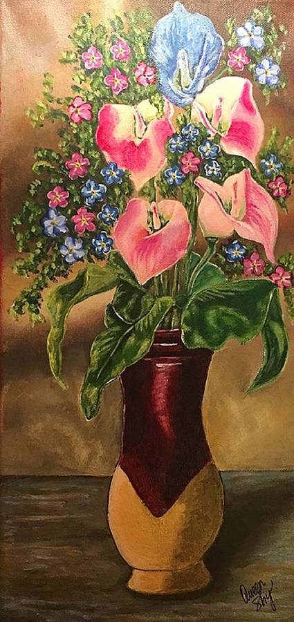 Calla Lilies and Forget Me Nots Painting by Queen Gardner