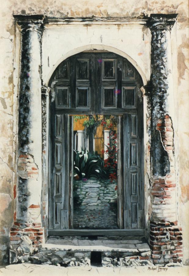 Hyperrealism Painting - Calle Tapachula - 2 doors open by Michael Earney