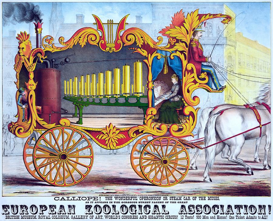 Calliope, the wonderful operonicon or steam car of the muses, advertising poster, 1874 Painting by Vincent Monozlay